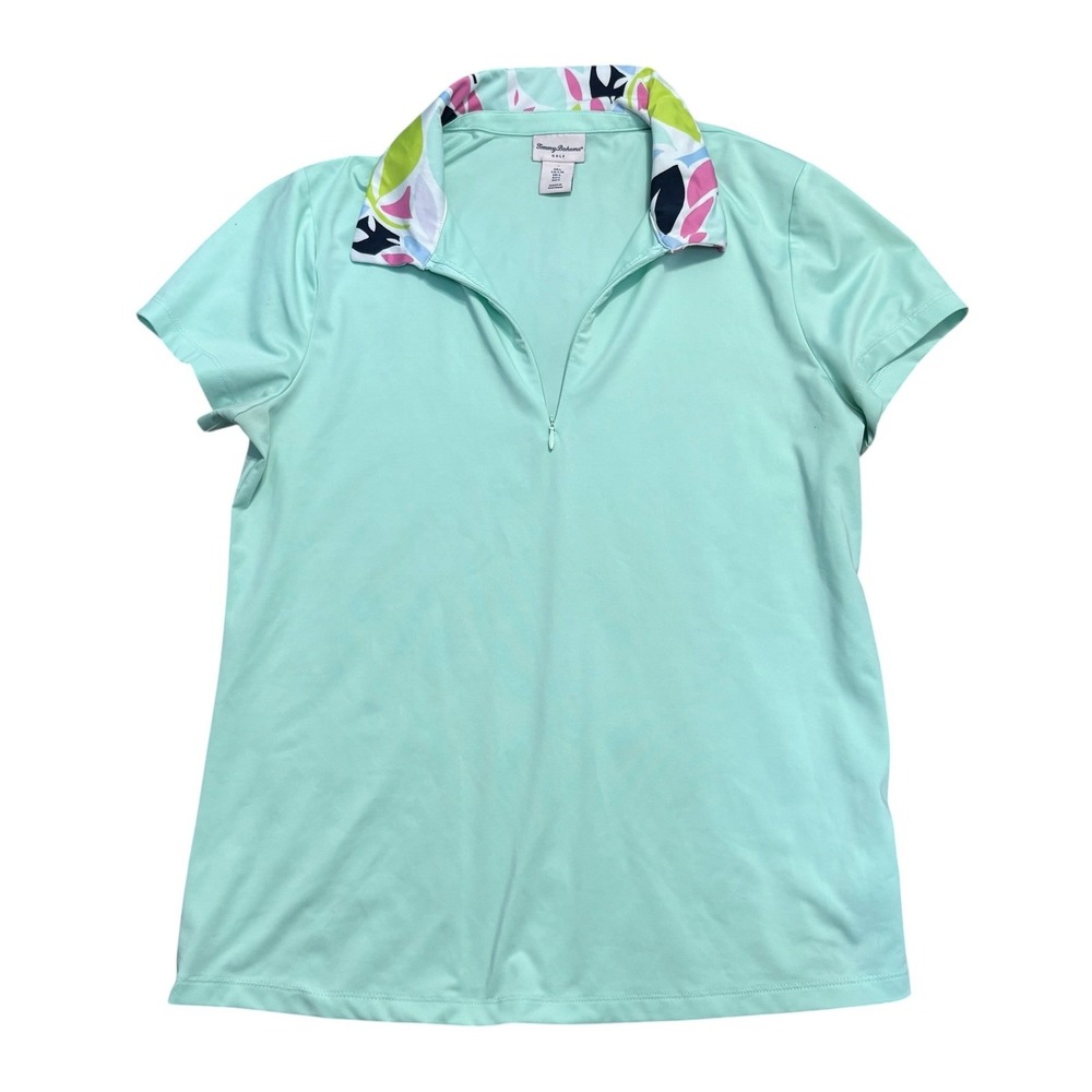 Tommy Bahama Golf Polo Shirt Womens Large Mint Green Floral Collar Quarter Zip
